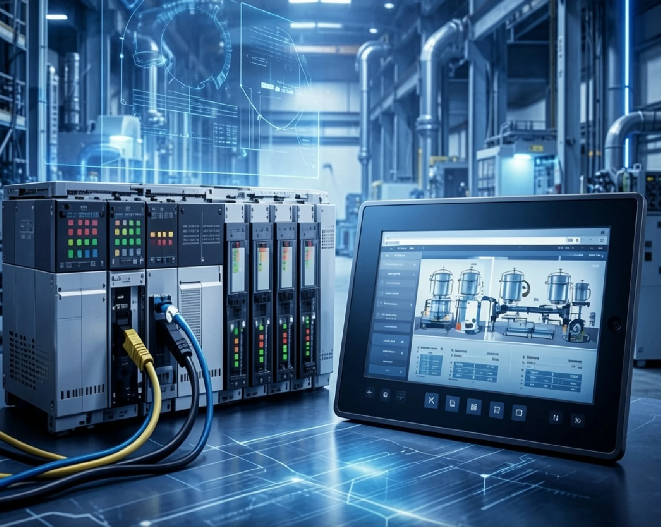 PLC, sensores y pantalla HMI industrial
